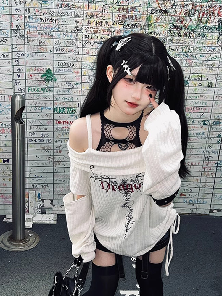 パンクスタイルのルーズなオフショルダーニットトップス