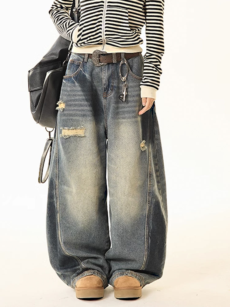 ダメージ加工スプレープリントヴィンテージ風デニムパンツ