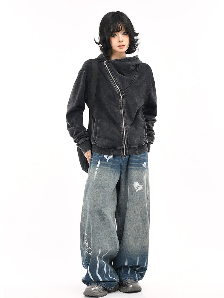 ウォッシュ加工斜めジップパーカー