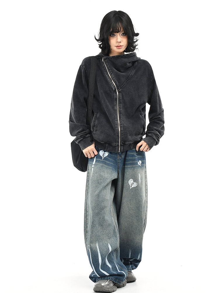 ウォッシュ加工斜めジップパーカー