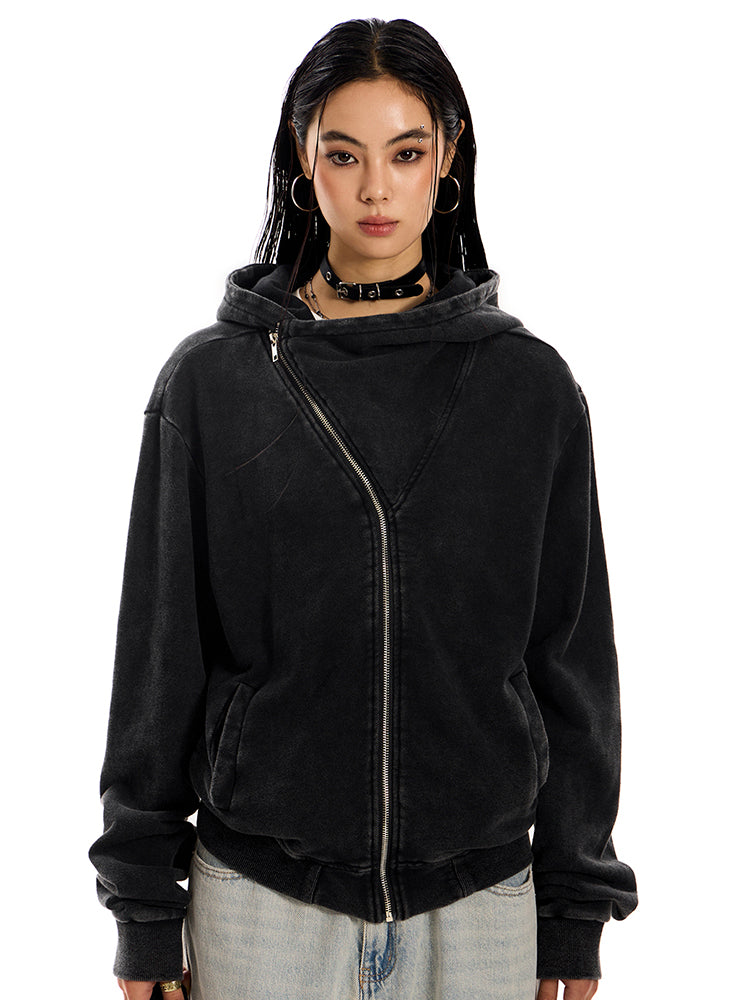 ウォッシュ加工斜めジップパーカー