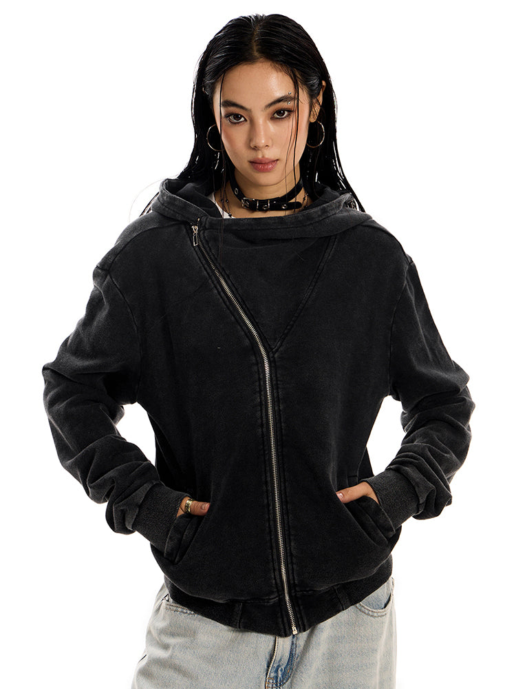 ウォッシュ加工斜めジップパーカー
