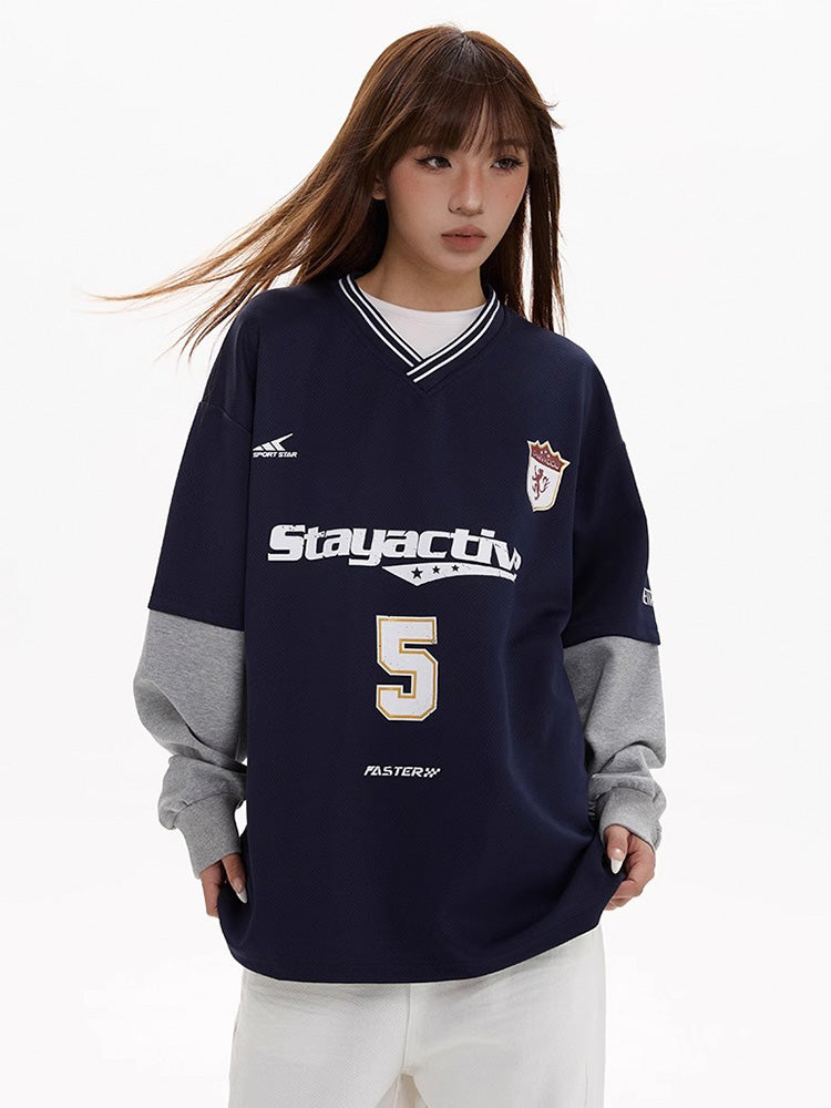 Retro style fake layered loose long sleeve top