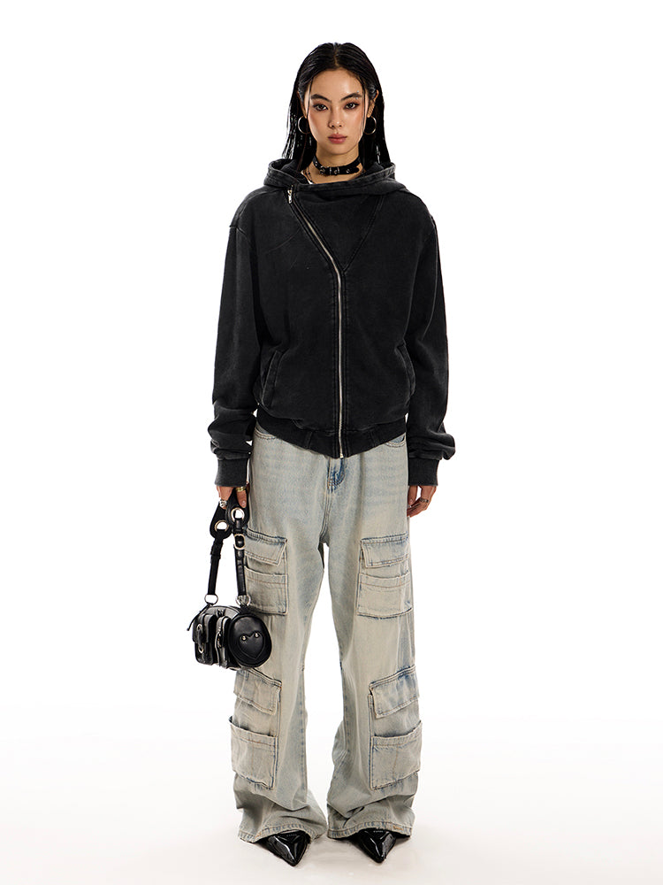 ウォッシュ加工斜めジップパーカー