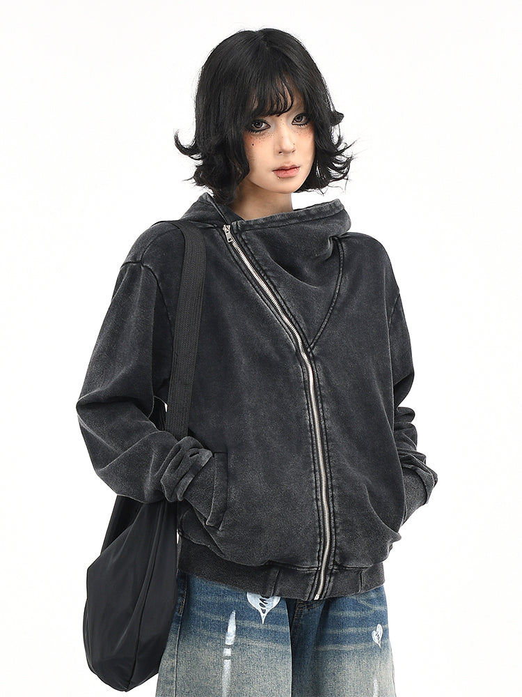 ウォッシュ加工斜めジップパーカー
