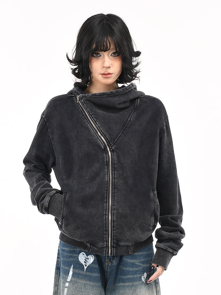 ウォッシュ加工斜めジップパーカー