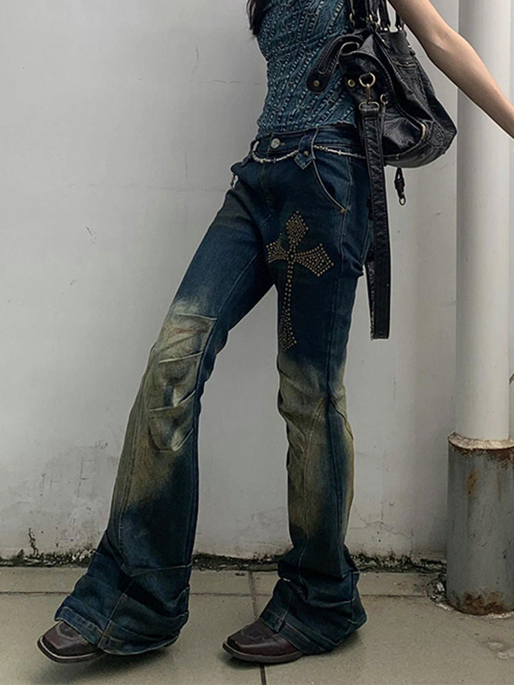 クロスデザインのギャルデニムパンツ