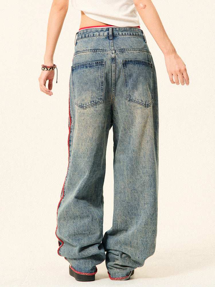 Vintage side red striped denim casual pants
