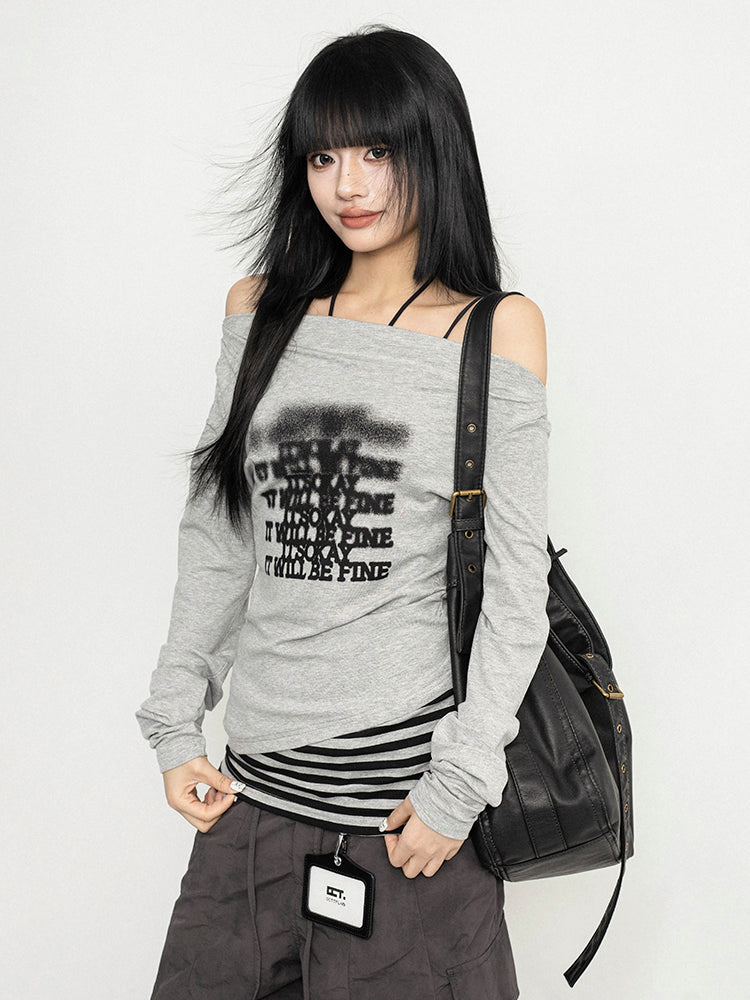 ギャルパッチワークオフショルダーロングTシャツ