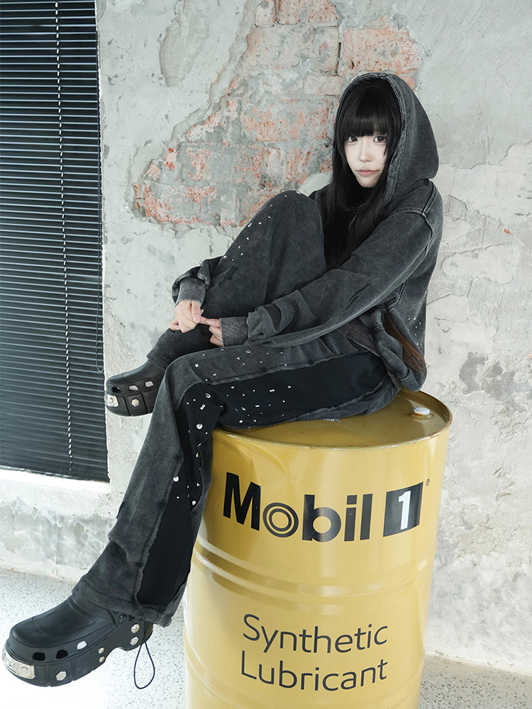 ウォッシュドブラック スパンコール ダメージ ジップフーディー