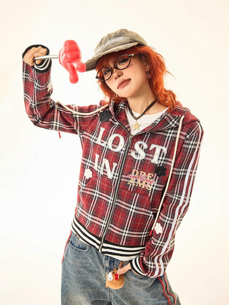 Red checked hooded sweatshirt jacket