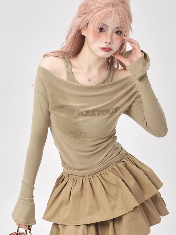 Y2K style off-the-shoulder long sleeves