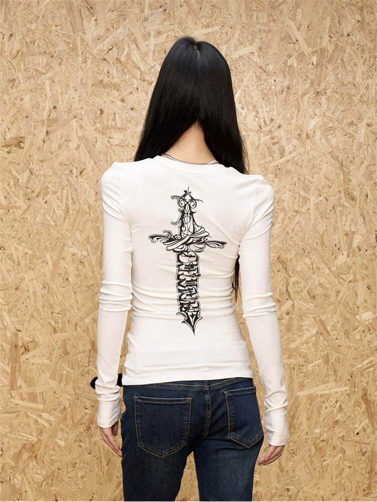 クロスプリント スリムシルエット 長袖トップス