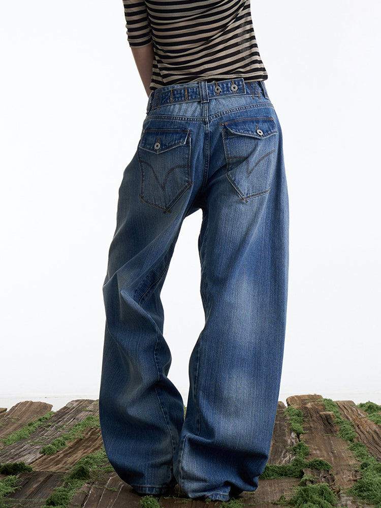 バックウエスト調節可能 ウォッシュドデニムパンツ