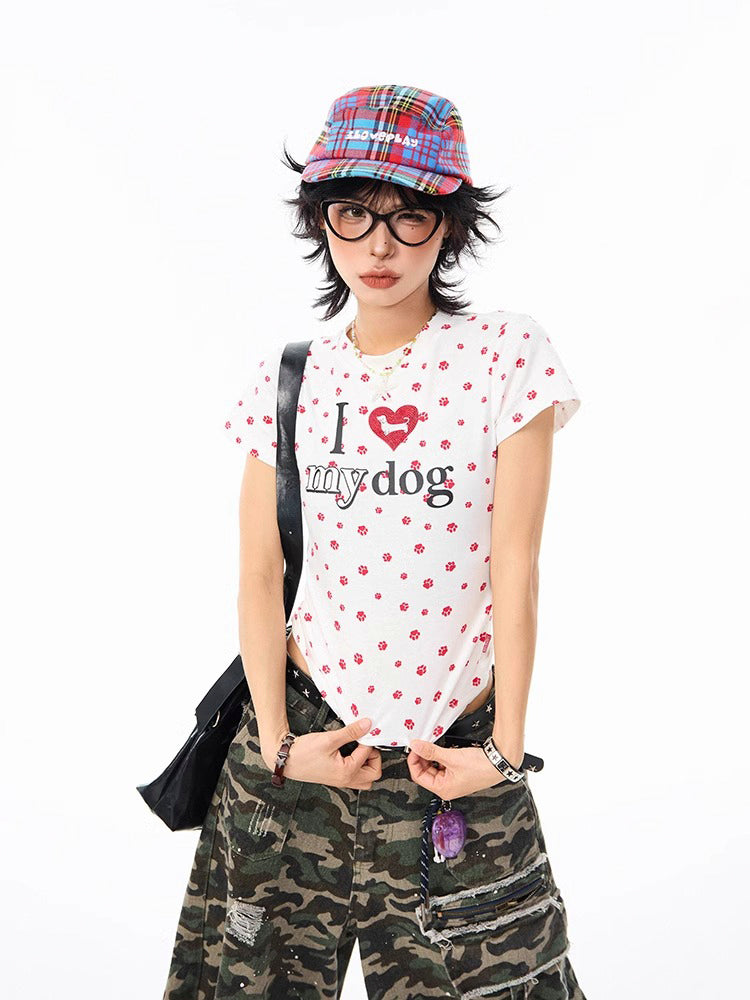 犬の爪跡プリントショートTシャツ