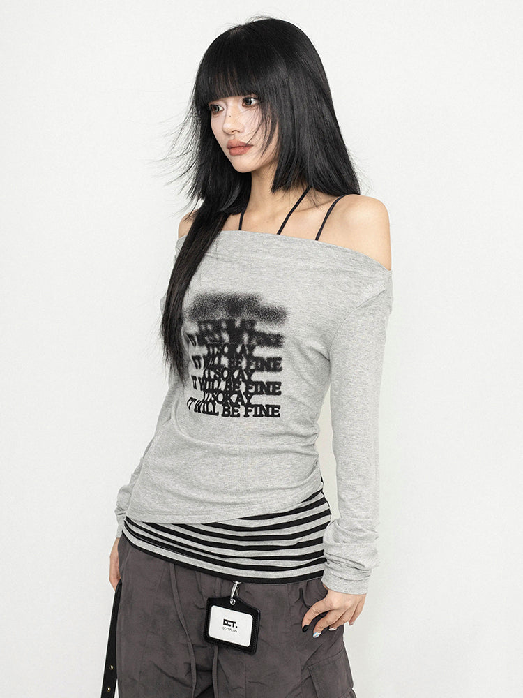 ギャルパッチワークオフショルダーロングTシャツ