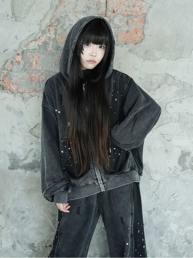 ウォッシュドブラック スパンコール ダメージ ジップフーディー