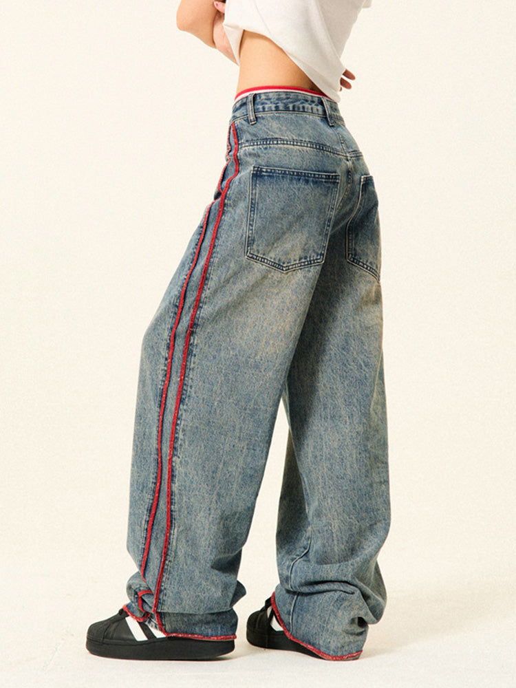 Vintage side red striped denim casual pants