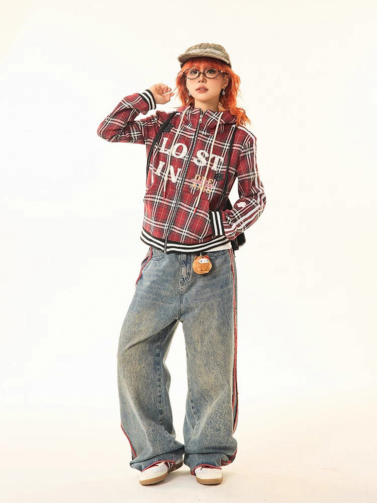 Red checked hooded sweatshirt jacket