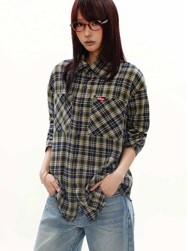 ヴィンテージ 配色 ブルー×グリーン チェックシャツ
