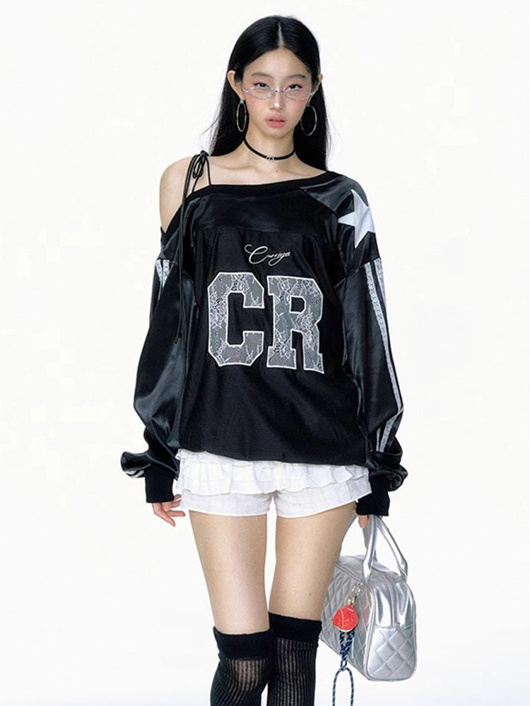 Diagonal off-shoulder embroidered long-sleeve top
