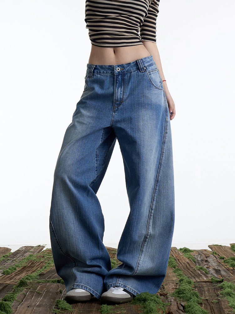 バックウエスト調節可能 ウォッシュドデニムパンツ