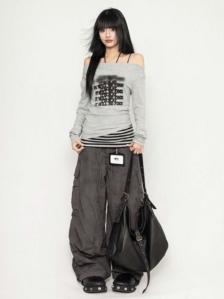 ギャルパッチワークオフショルダーロングTシャツ