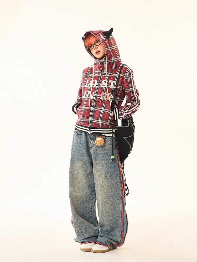 Red checked hooded sweatshirt jacket