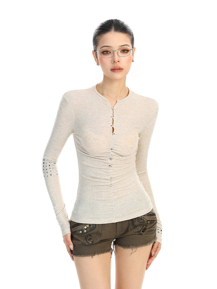 ラインストーンボタン ロングスリーブトップス