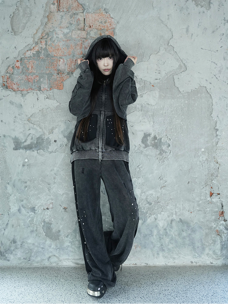 ウォッシュドブラック スパンコール ダメージ ジップフーディー