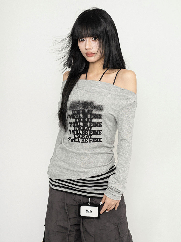 ギャルパッチワークオフショルダーロングTシャツ