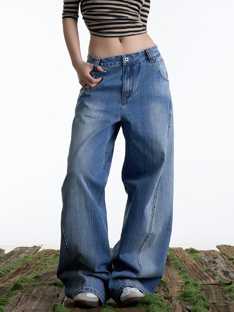 バックウエスト調節可能 ウォッシュドデニムパンツ