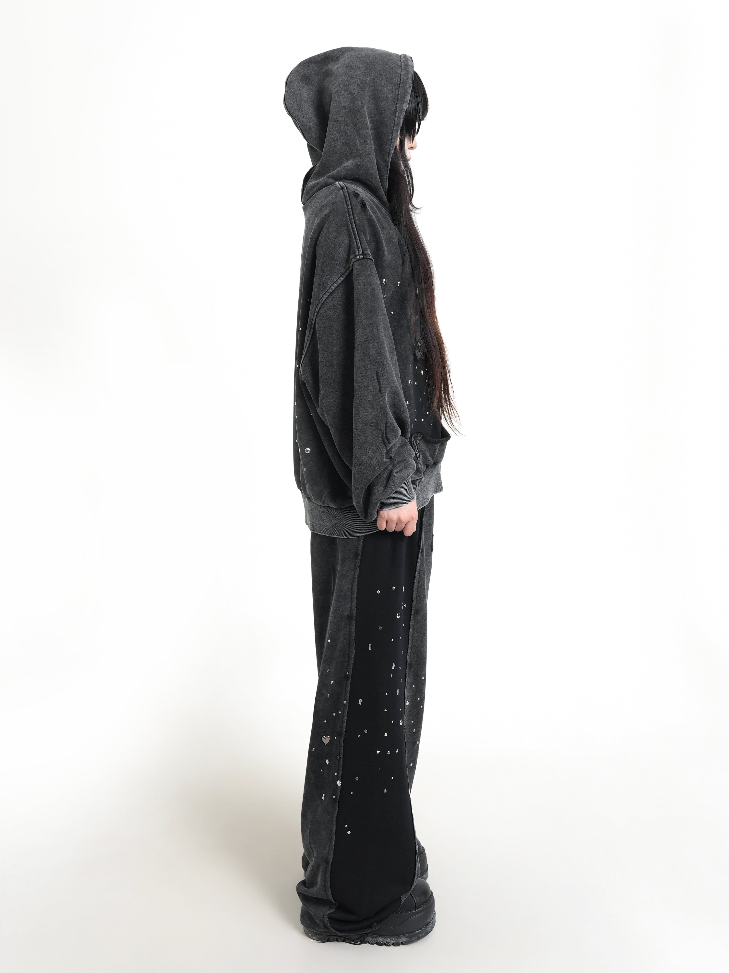 ウォッシュドブラック スパンコール ダメージ ジップフーディー