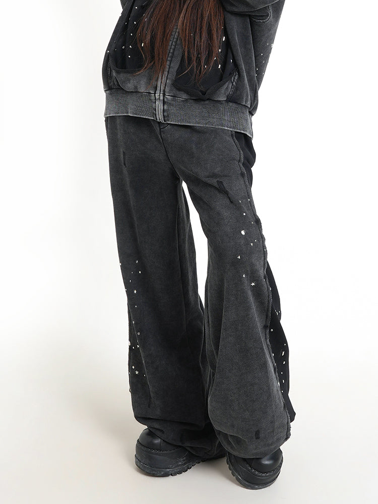 ウォッシュドブラック スパンコール ダメージ ドローストリングパンツ