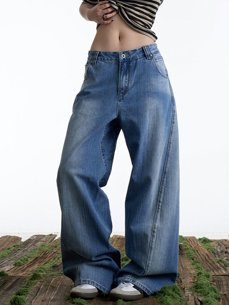 バックウエスト調節可能 ウォッシュドデニムパンツ