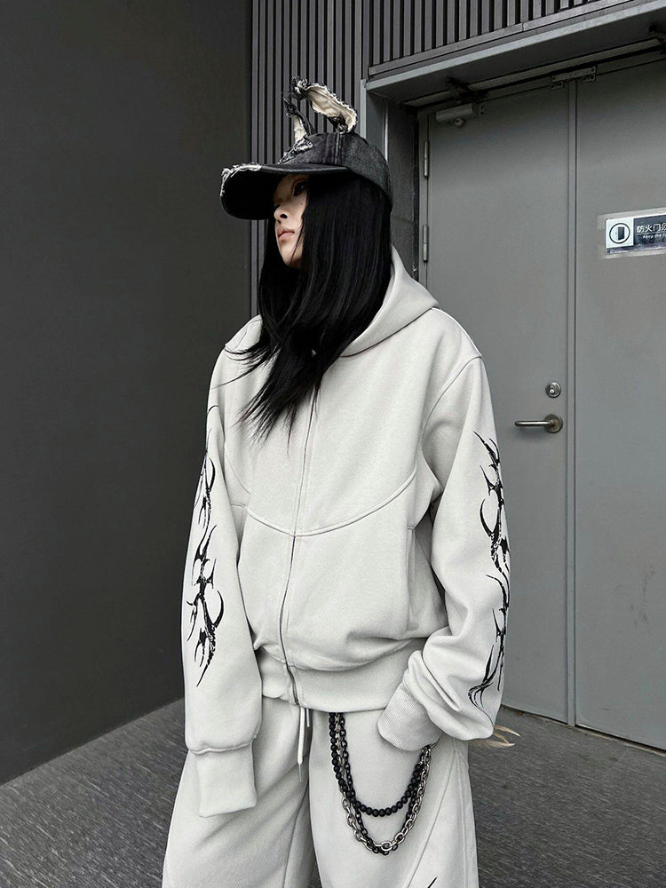 プリント カジュアル ジップアップフーディー セットアップ