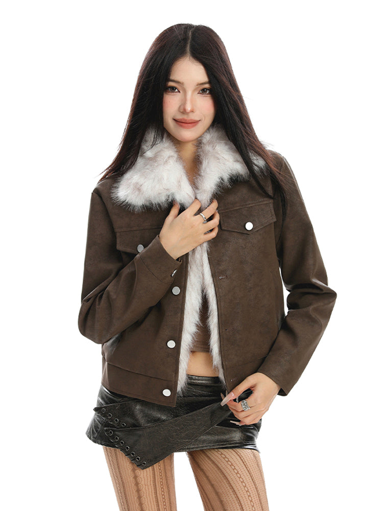 ファー付きショートレザージャケット（ファー取り外し可