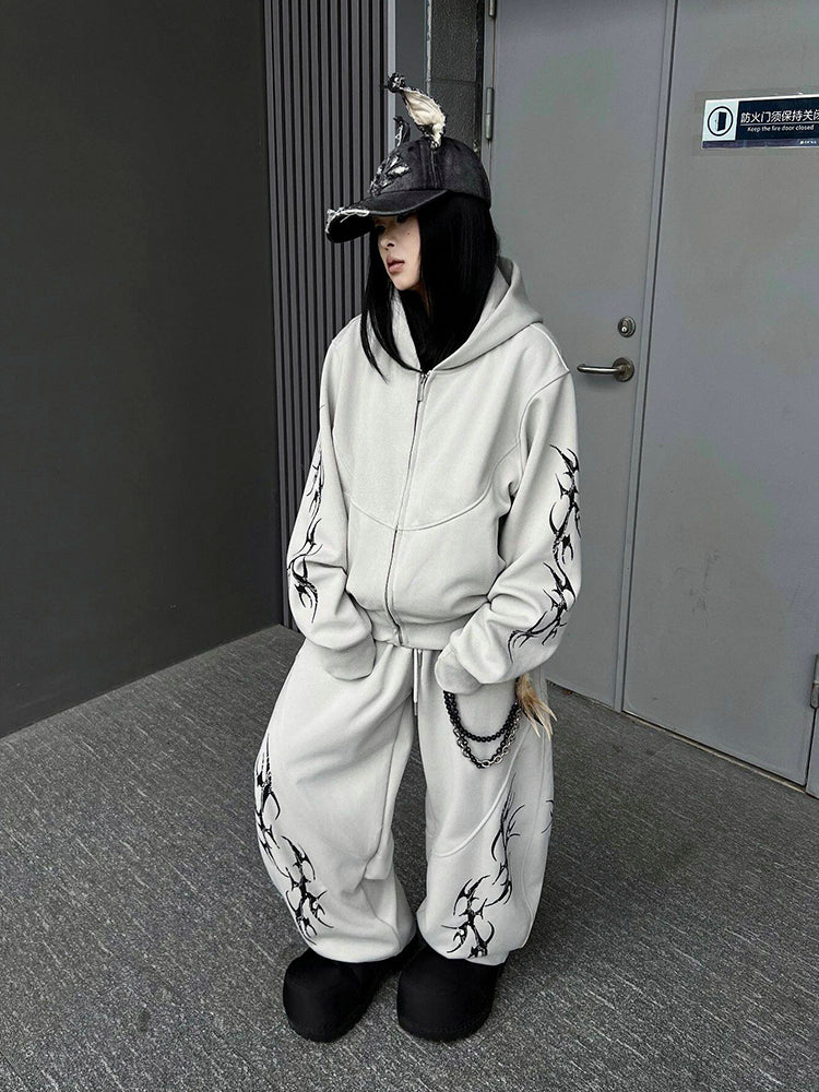 プリント カジュアル ジップアップフーディー セットアップ