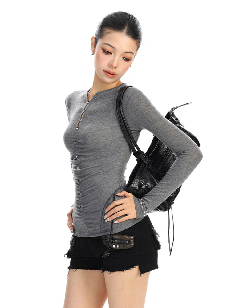 ラインストーンボタン ロングスリーブトップス