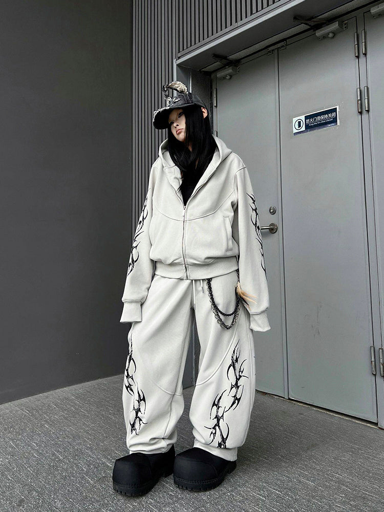 プリント カジュアル ジップアップフーディー セットアップ