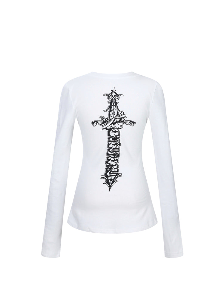 クロスプリント スリムシルエット 長袖トップス