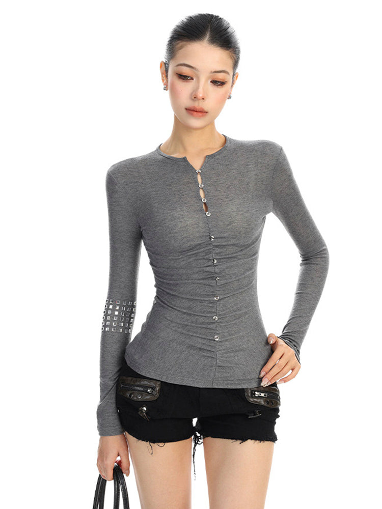 ラインストーンボタン ロングスリーブトップス