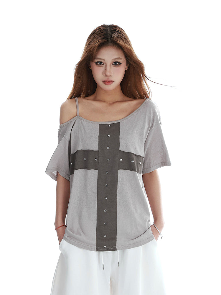 クロス×スター アシメオフショルTシャツ