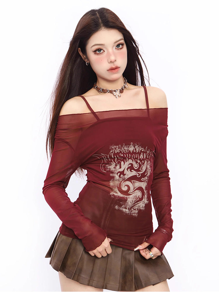 Mesh print long sleeve T-shirt