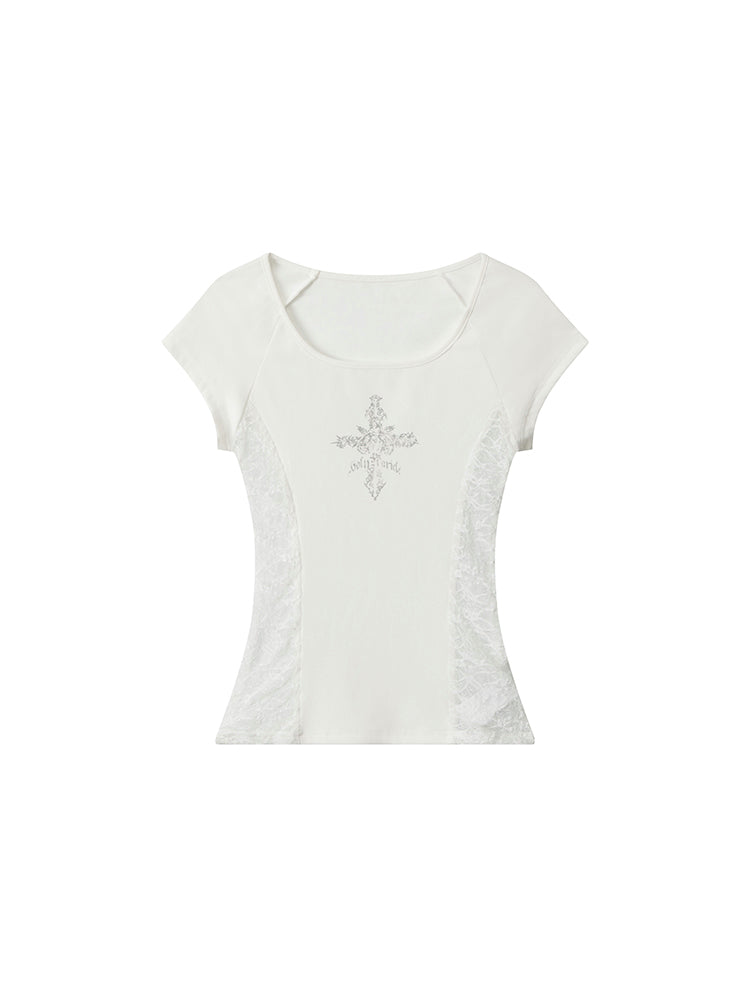 レース切り替えプリントTシャツ