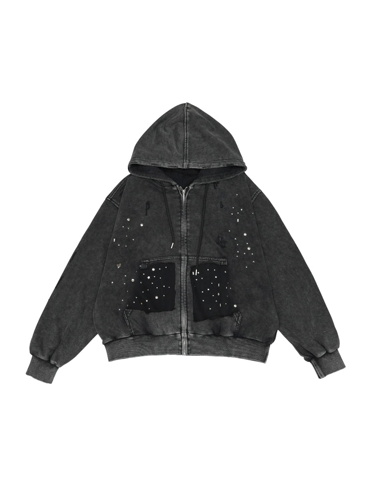 ウォッシュドブラック スパンコール ダメージ ジップフーディー