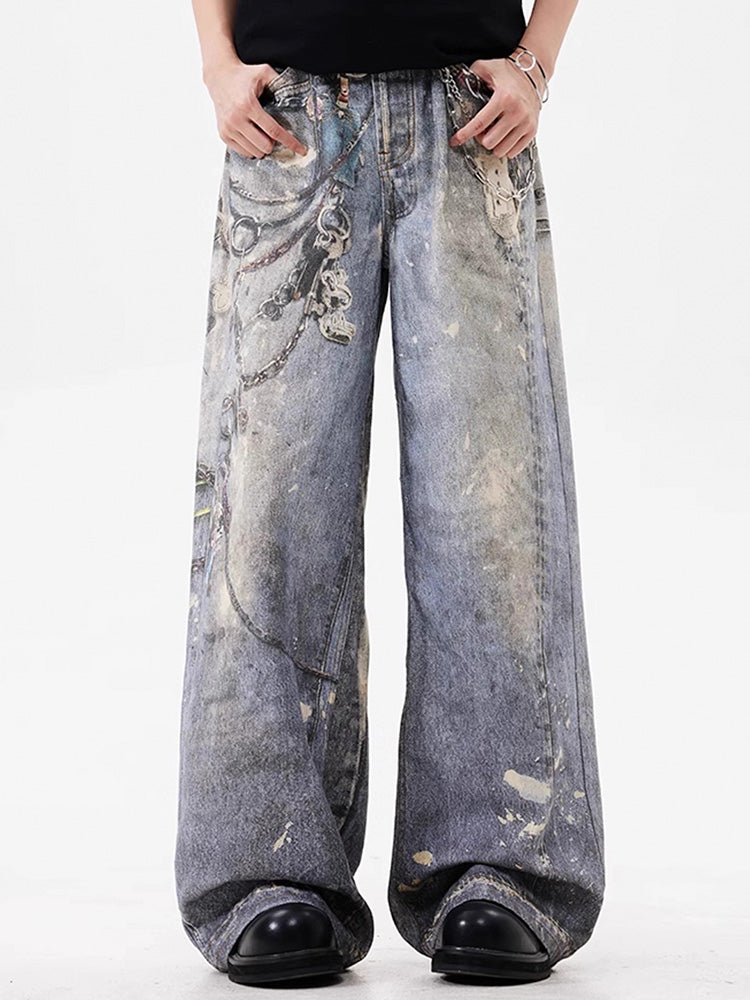 チェーンプリントヴィンテージ風デニムパンツ