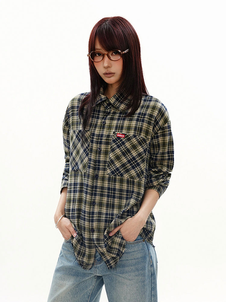 ヴィンテージ 配色 ブルー×グリーン チェックシャツ