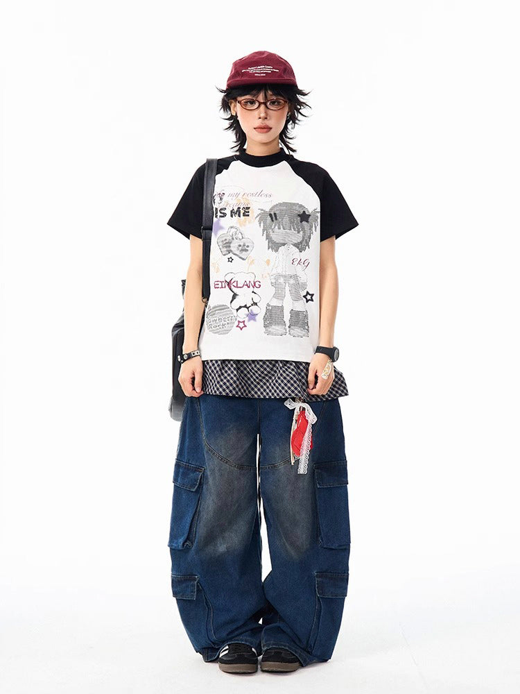 ストリート風マルチポケット弯刀型ルーズデニムパンツ ストリート風マルチポケット弯刀型ルーズデニムパンツ