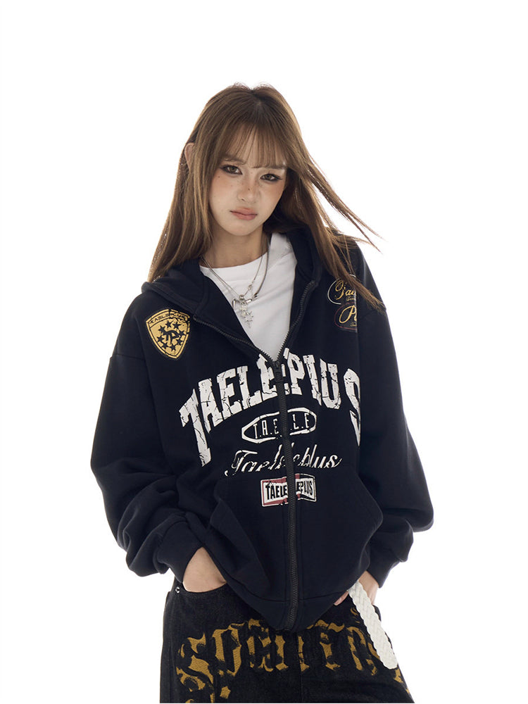 オーバーサイズ レタープリント ジップアップパーカー